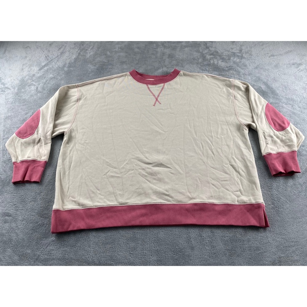 Cleo + Wolf Womens XXL Oversized Sweatshirt Beige Pink Elbow Patches Fleece
